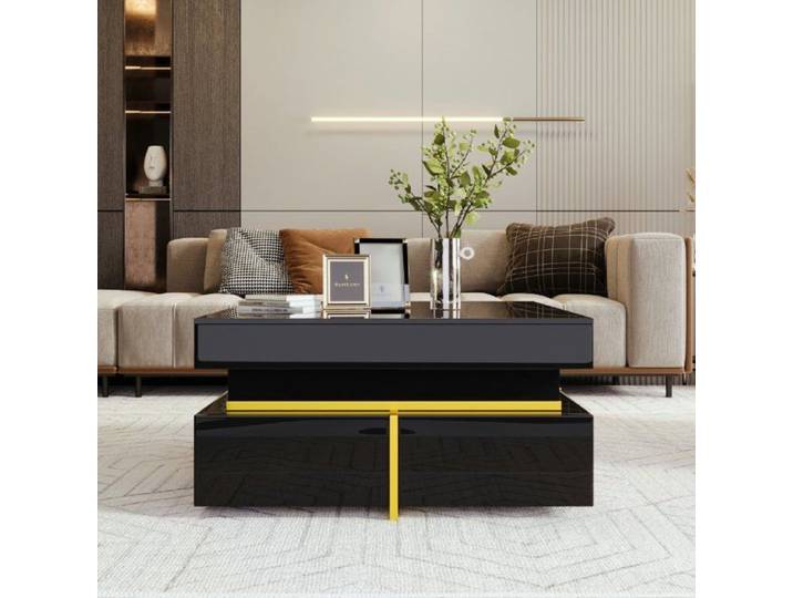 Table basse - Carré 70x70 - Noir brillant - Accents dorés - 2 tiroirs