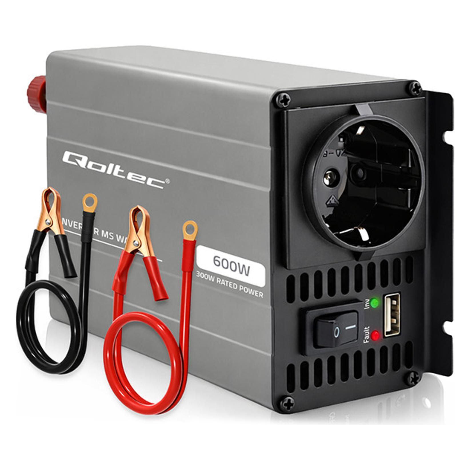 Qoltec Przetwornica napięcia MS Wave | 12V na 230V | 300/600W | USB | Kompatybilna z LiFePO4 GEL AGM (52680)