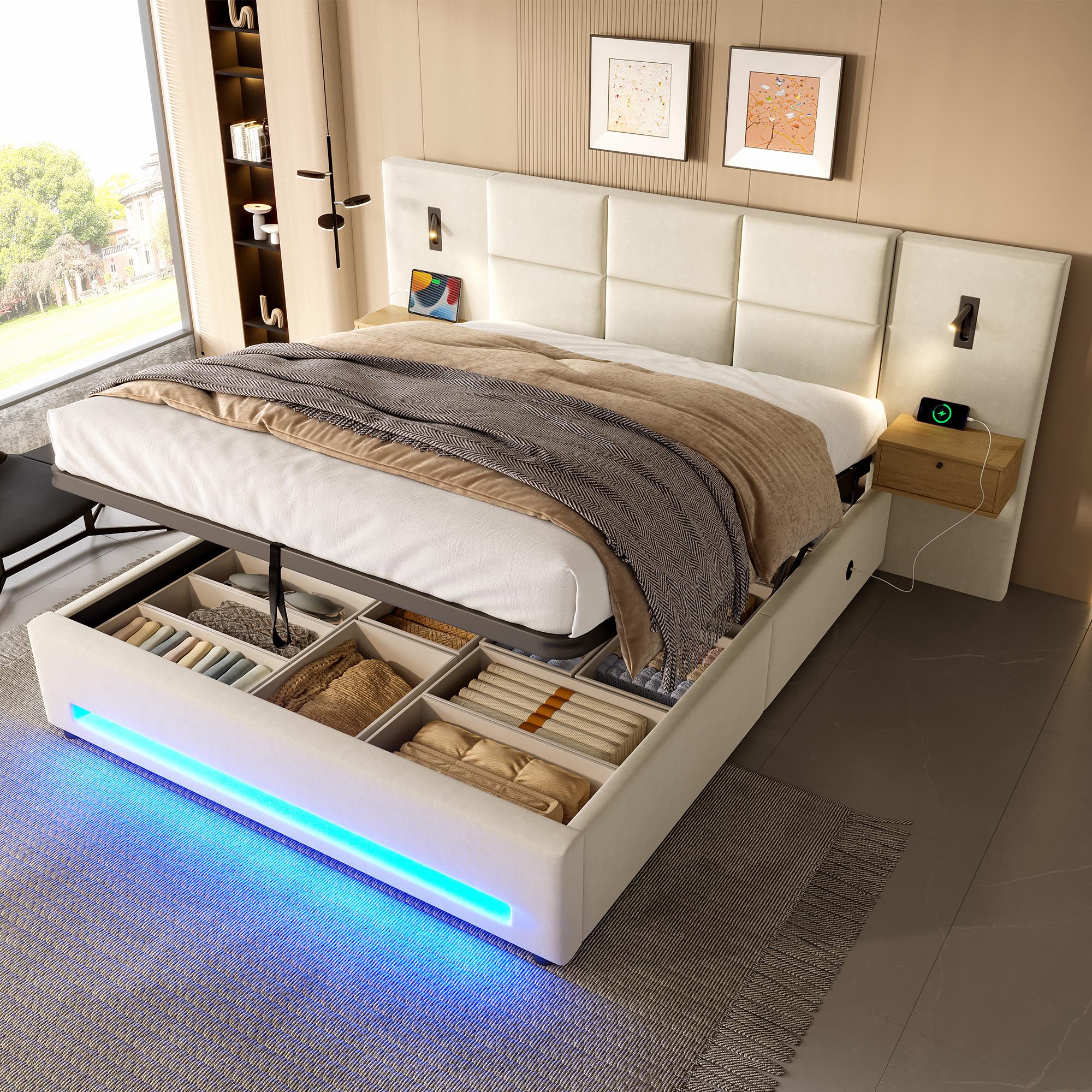 180 x 200cm Europäisches Polsterbett mit Samtkopfteil, praktischen Stauschubladen, LED-Nachtlicht, USB-C-Anschlüssen