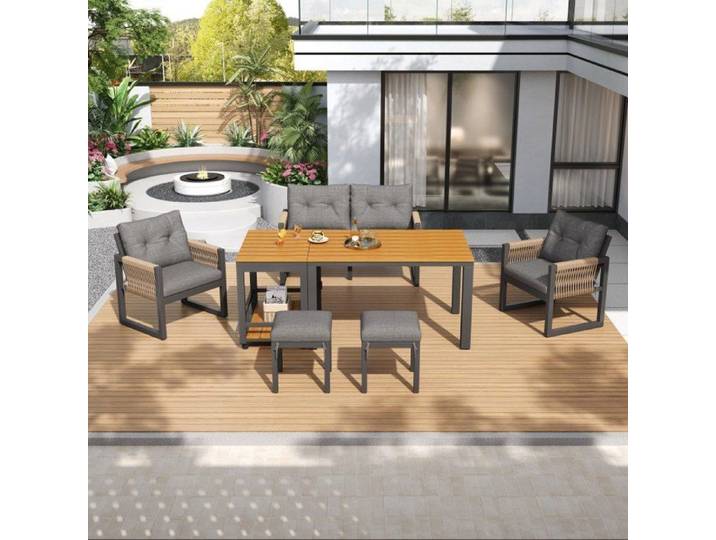 Ensemble de Salon de Jardin Moderne Salon de Discussion Extérieur avec Cadre en Fer Accoudoirs Tressés Coussins Épais Table Pr