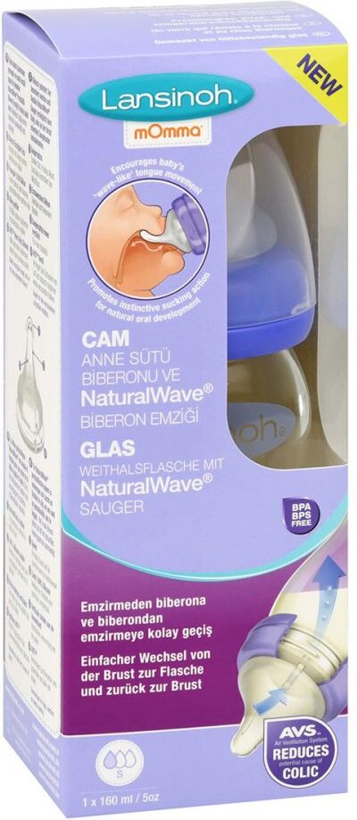 Lansinoh Glas Weithalsflasche 160 ml mit Sauger S