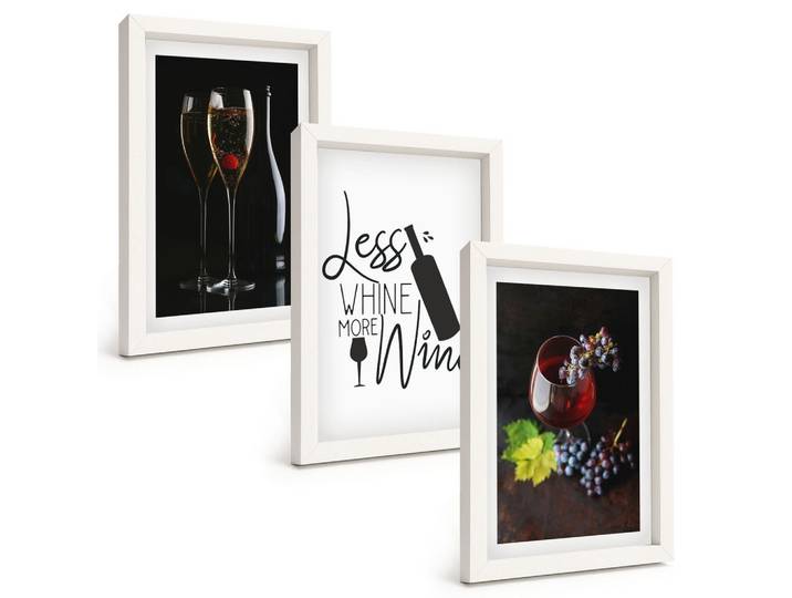 BILDER SET 3er Set - 20x30 cm Weißer Rahmen - Weingläser mit Trauben und Inschrift