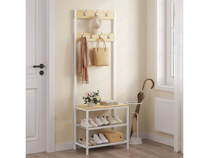 Meuble d'Entrée 3 en 1 - WOLTU Portemanteau - Banc et Étagère à Chaussures - Métal+Bois - Chêne Clair+Blanc