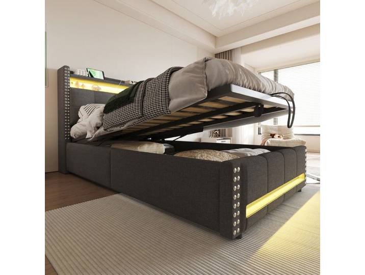 Lit simple - PAGE LIVING - Lit enfant rembourré - 90x200 cm - Rangement hydraulique - LED multicolore