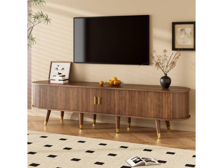 Meuble TV 175x38x45 cm COZHYESS Banc TV Salon Porte Coulissante en Rotin Tiroirs Niches Style Campagne Passe-Câbles - Noyer