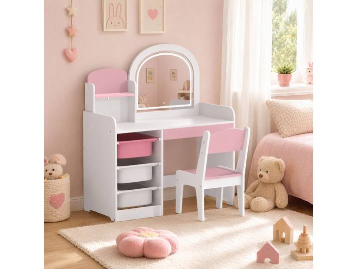 AIYAPLAY Coiffeuse Enfant Blanc avec Tabouret, Miroir Lumineux, Étagères