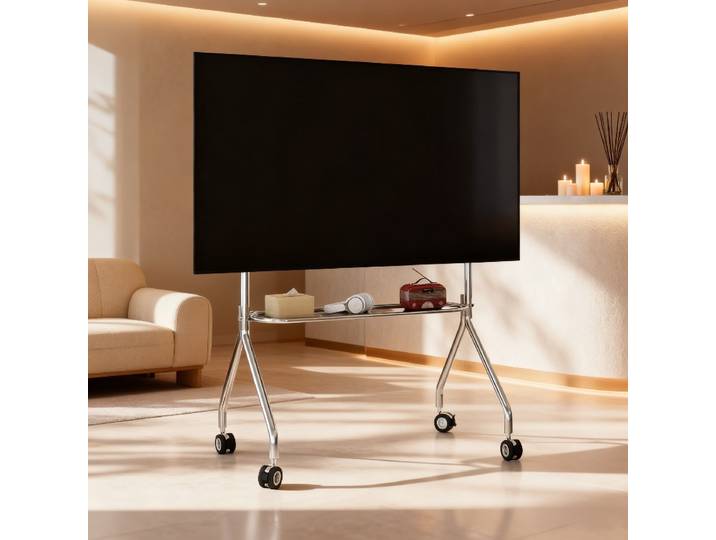 Supports TV nordiques multifonctionnels en acier inoxydable, meuble TV Mobile avec panneau perforé, Structure robuste en forme de Y 360 ° Roues pivotantes
