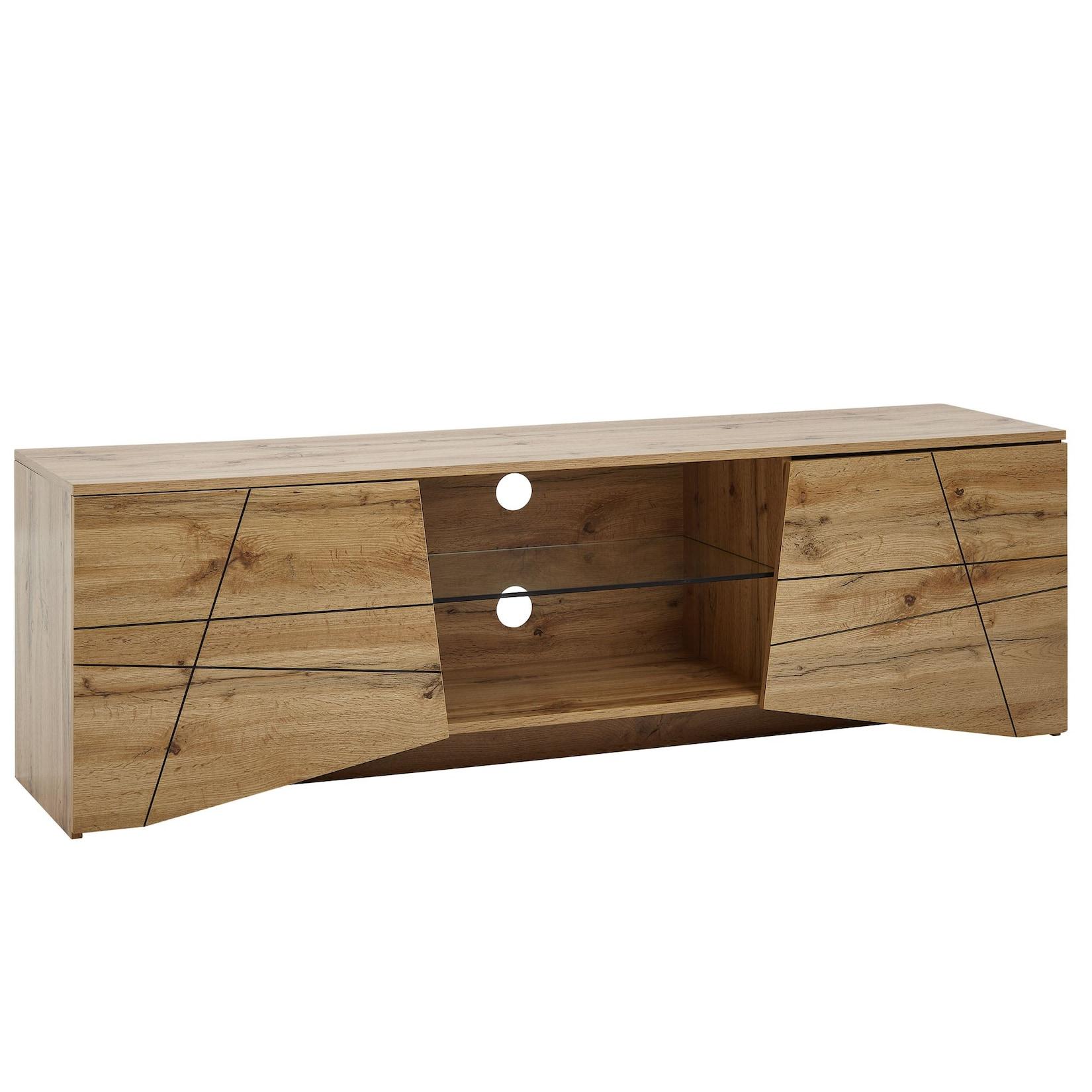 KADIMA DESIGN TV-Lowboard Holz Eiche-Dekor, Platz für 70-Zoll TV, Eichenoptik und Glas