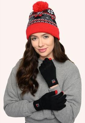 Women's Disney Adult Minnie Mouse Knit Beanie Hat & Texting Gloves Red Gray 2-Pc Set by Disney in Red