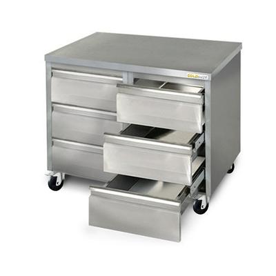 Edelstahlmöbel mit 6 Schubladen 1000 x 600 mm auf Rollen / GOLDINOX