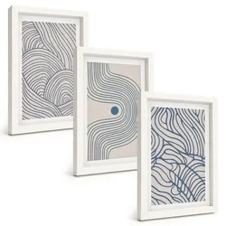 BILDER SET 3er Set - 20x30 cm Weißer Rahmen - Abstrakte Linien, Wellenformen