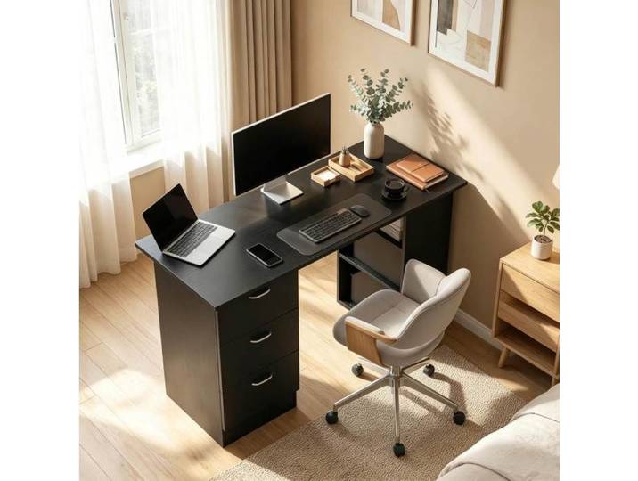 Bureau informatique noir 120 x 49 x 72 cm MDF avec 3 tiroirs 3 étagères montage réversible JOINERY
