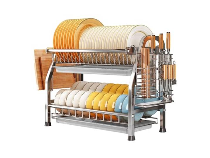 Abtropfgestell Geschirr Abtropfgestell Mit 2 Ebenen, Geschirrtrocknergestell Aus Edelstahl, Stabiler Geschirrständer Mit Abtropffläche Und Utensilienhalter Geschirrabtropfgestell(43*25*41cm)