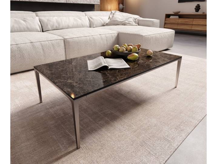 Couchtisch Levente 110x60 cm Keramik Emperador Extra Lucidato Dunkelbraun Gestell Edelstahl Silber, Couchtische