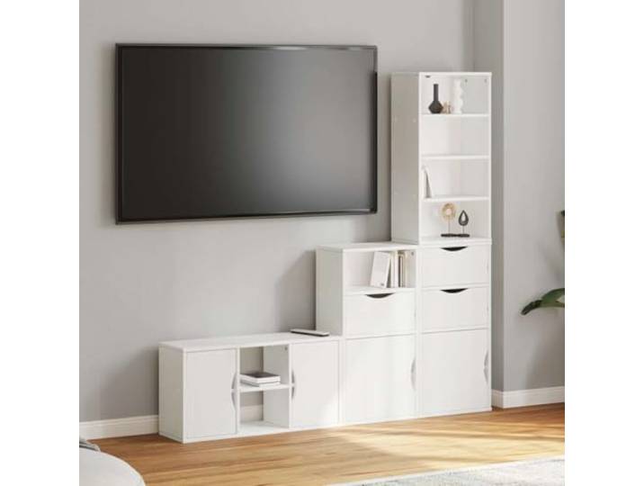 HEFZGDB ODDA Weiß Massivholz Kiefer Wohnwand mit Stauraum 4-TLG. TV-Schrank TV-Ständer Kiefernholz Schrankwand Modulares Design Stabile Oberplatte