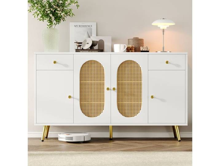 Buffet bas 4 portes 2 tiroirs avec étagères réglables - LPOSPI - panneaux de particules blanc et naturel