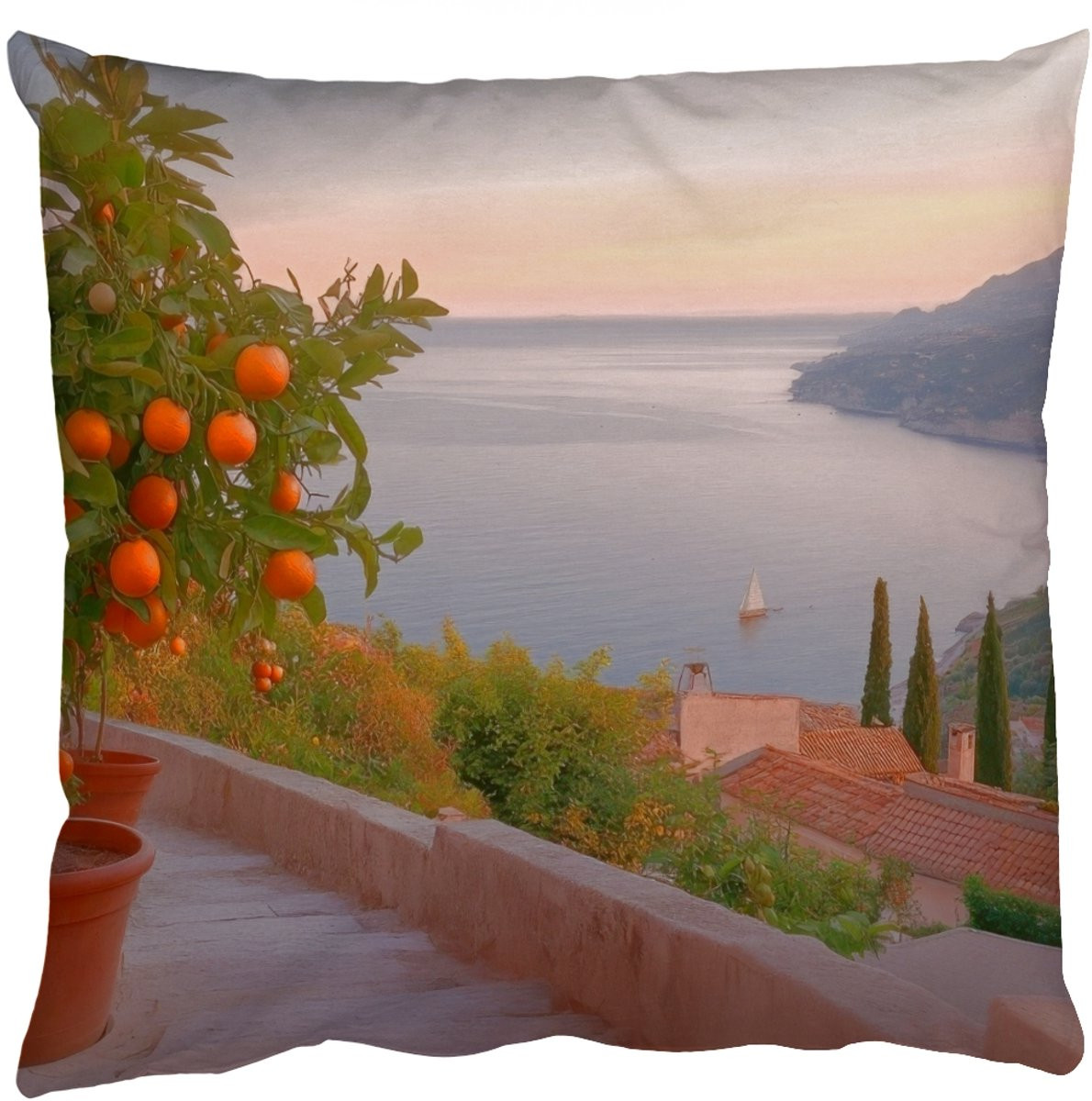 PillowMonkey Sierenkussen Middellandse Zee Sinaasappel Heuvels en Zee 60x60 cm