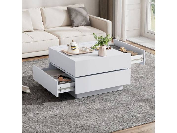 Table basse rotative -Table basse de salon -Plateau pivotant 360° avec 2 tiroirs - Rangement modulable - 60x60x38 cm - Blanc