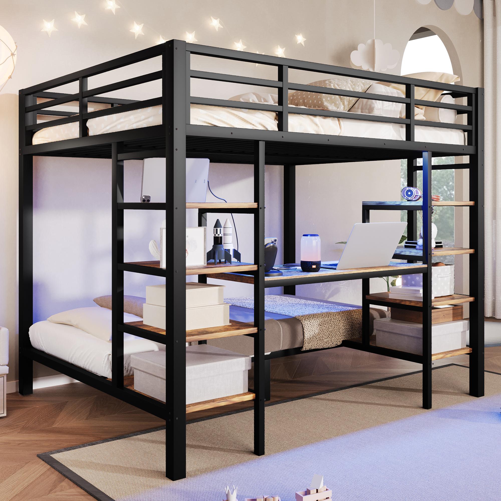 STILVORA Etagenbett 90x200/140x200 cm mit Metallbettgestell und LED-Beleuchtung, Metallbett mit Staufächern und USB/Type-C-Anschlüssen, Jugendbett mit zwei Matratze