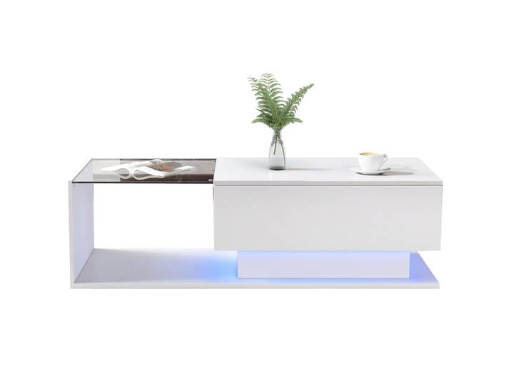 Redom Couchtisch, Weiß Hochglanz mit Glas & Led, mit Schublade, 100/50/32 cm,Weiß, 50x32x100 cm, Wohnzimmer, Wohnzimmertische, Couchtische