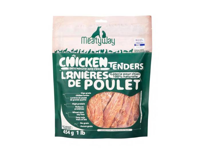 MeatyWay Lanières de poulet pour chiens, riches en protéines et faibles en matières grasses, 100 % naturelles et saines, sans céréales, faciles à digérer, idéales pour l’entraînement - 454 g
