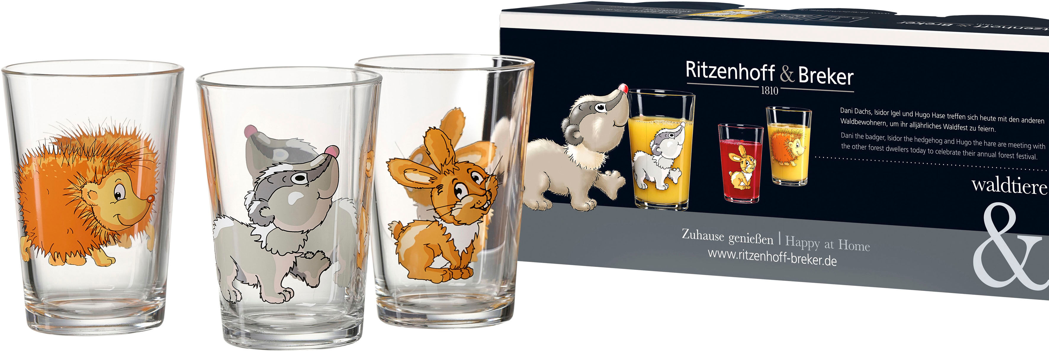 Kinderbecher RITZENHOFF & BREKER "Waldtiere, 6-teilig", bunt, H:10cm Ø:7cm, Glas, Trinkgefässe, Kinderbecher, 3 verschiedene Tiermotive bunt Ø 7cm x 10cm, 200ml, 6 Stk.
