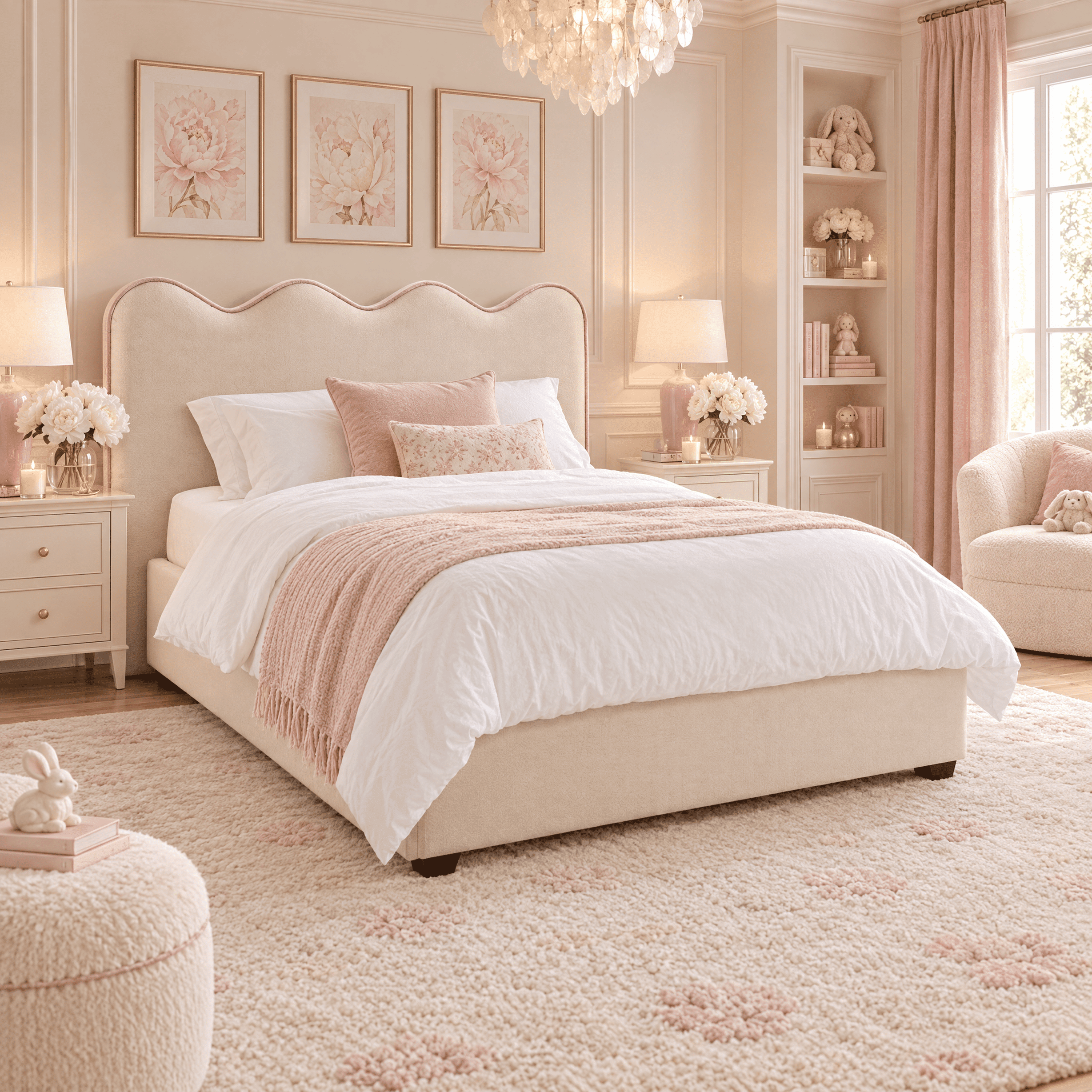 Squiggle Vanilla Velvet Scalloped Bed with Pink Piping Detail, King / Ottoman Storage
