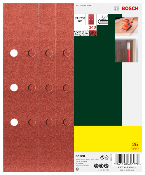 Bosch Schleifblatt-Set für Schwingschleifer, B&D 8-Lochung, 93 x 230 mm, K240, 25 Stk. 2607017108