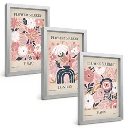 BILDER SET 3er Set - 20x30 cm Silberner Rahmen - Blumenmotive Tokio London Paris