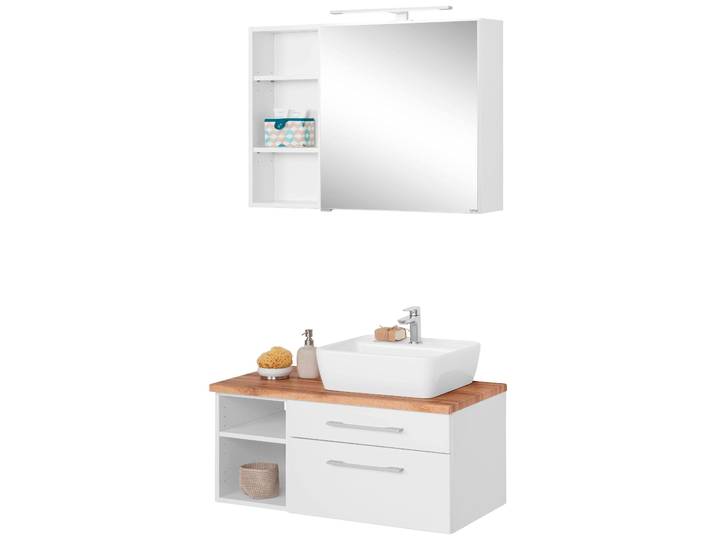 Badmöbel-Set WELLTIME Davos , weiss (weiß), Becken rechts, Kastenmöbel-Sets, Badmöbel-Set, Spiegelschrank, Regal und Waschtisch