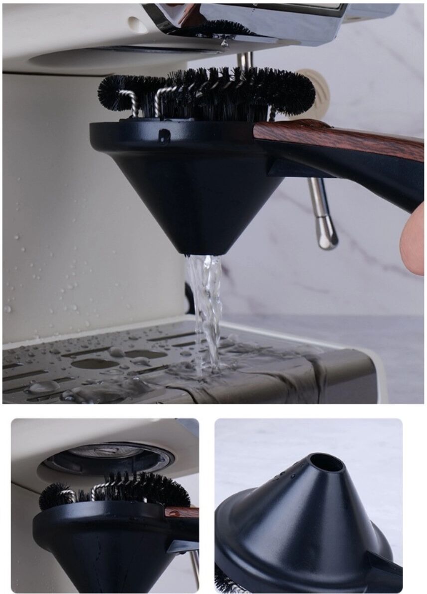 INF Portafilter- und Gruppenkopf-Reinigungsbürste mit Tropffangtrichter, ABS+Nylon, Holzmaserungsgriff, rutschfest 51 MM