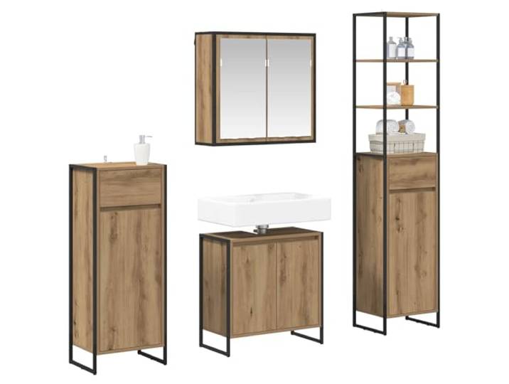 KTHLBRH Badezimmermöbel-Set, 4-teilig, Eiche Mehrschichtholz, Stahl, 12 Einlegeböden, Wandmontage, 1 Schublade