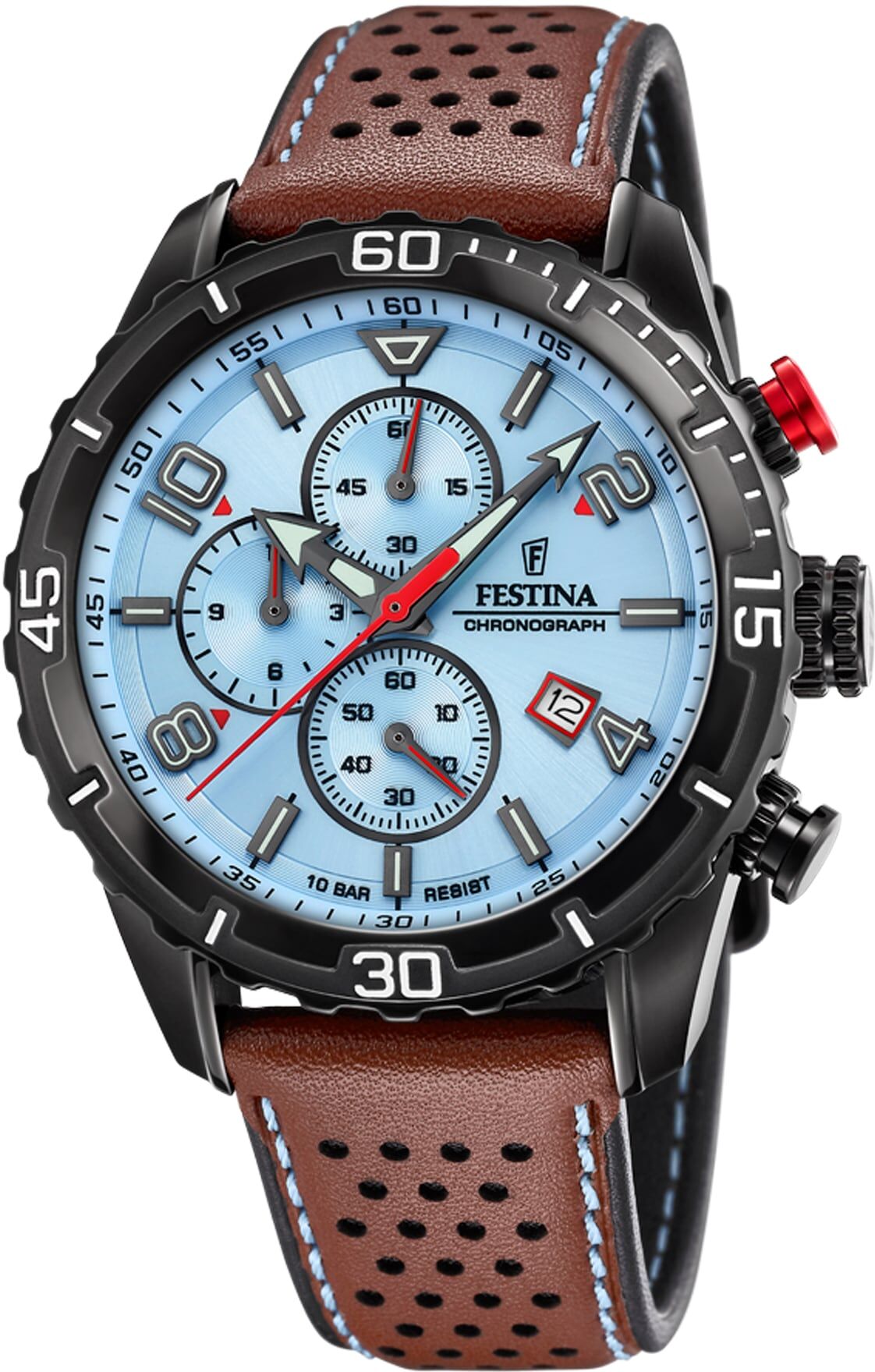 Chronograph FESTINA, blau (braun, hellblau, hellblau), Armbanduhren, Herren, schwarz, Chronograph, Armbanduhr, Quarzuhr, Herrenuhr, Stoppfunktion, Lederarmband