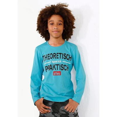 Langarmshirt KIDSWORLD "THEORETISCH KANN ICH PRAKTISCH ALLES", Jungen, Gr. 128/134, blau (türkis), Jersey, Obermaterial: 100% Baumwolle, bedruckt, Basic, Shirts Langarmshirt, Langarm, Basic-Passform, mit stylischem Druck, aus Baumwolle