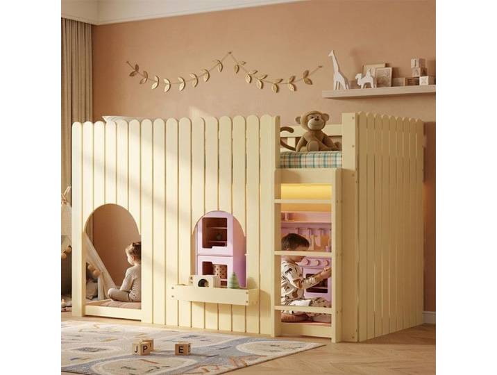 Lit mezzanine - 90 x 200 cm - Pin & MDF - Barrières périphériques - LED multicolores