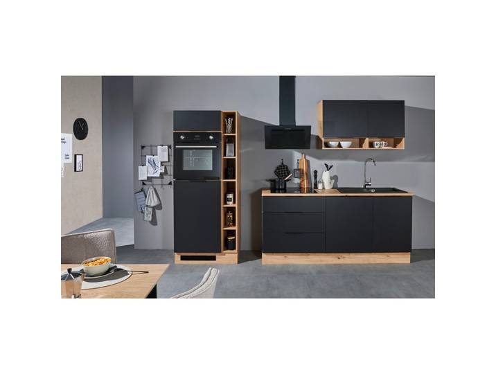 P & B Küchenleerblock Oskar, Eiche Artisan, Schwarz, 3 Schublade(n) Schubladen, seitenverkehrt montierbar, nur wie online abgebildet bestellbar, 270 cm, höhenverstellbare Füße, Küchen, Küchenzeilen & Küchenblöcke, Küchenzeilen ohne Geräte