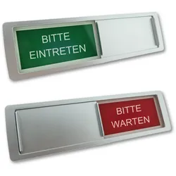 CombiCraft Schiebeschild "Bitte Eintreten-Bitte Warten" in einem silberfarbenen Kunststoffschiebeprofil ca. 178x50mm