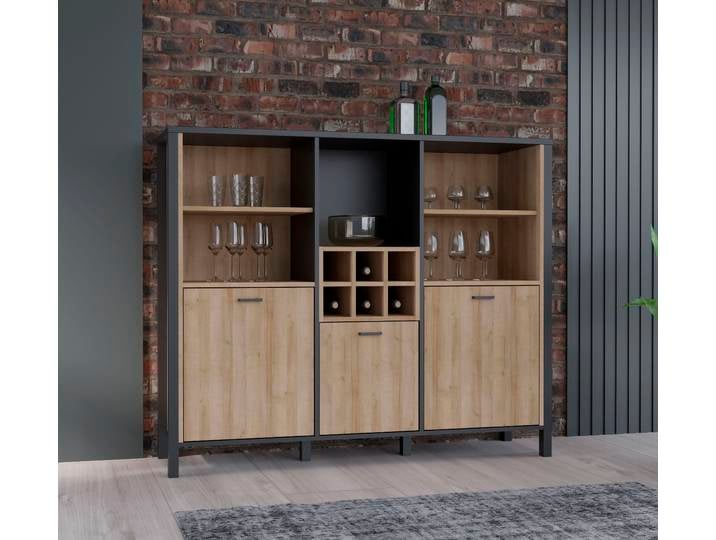 Highboard FORTE High Rock , schwarz (schwarz, riviera eiche), B:139,4cm H:117,1cm T:40,2cm, Sideboards, Highboard, Breite ca. 139,4 cm
