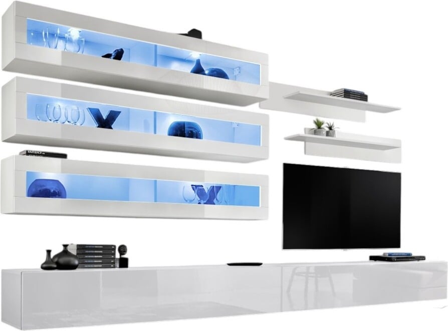 Meublorama FLY J2 Set hangende meubels met LED-verlichting en glazen deuren, wit