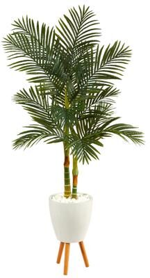 Nearly Natural "70"" Golden Cane Artificial Palm Tree in White Planter with Stand - 21"""