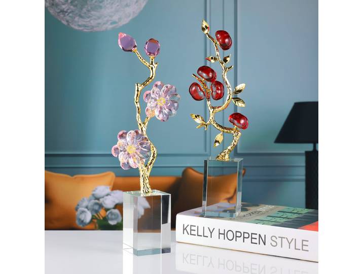 Arbre en cristal métal artisanat kaki fleur de prunier Sculpture de fleur transparente accessoires de décoration pour la maison