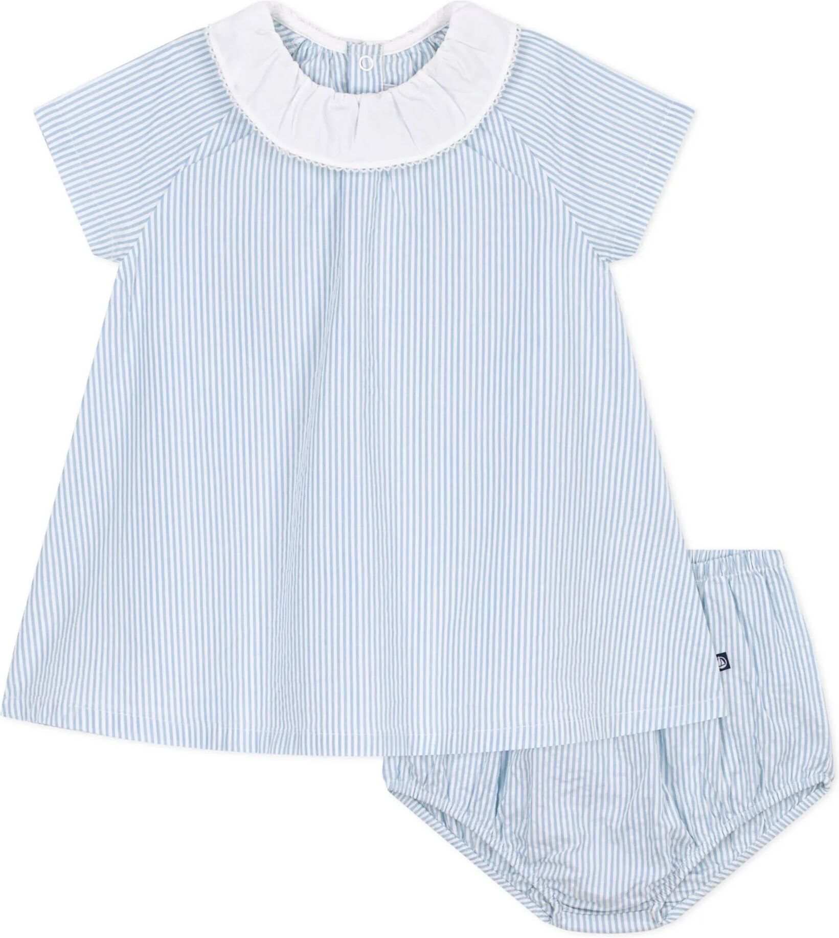 Petit Bateau Ensemble Robe Col et Bloomer Rayé Seersucker Coton Bio Bleu 18 mois