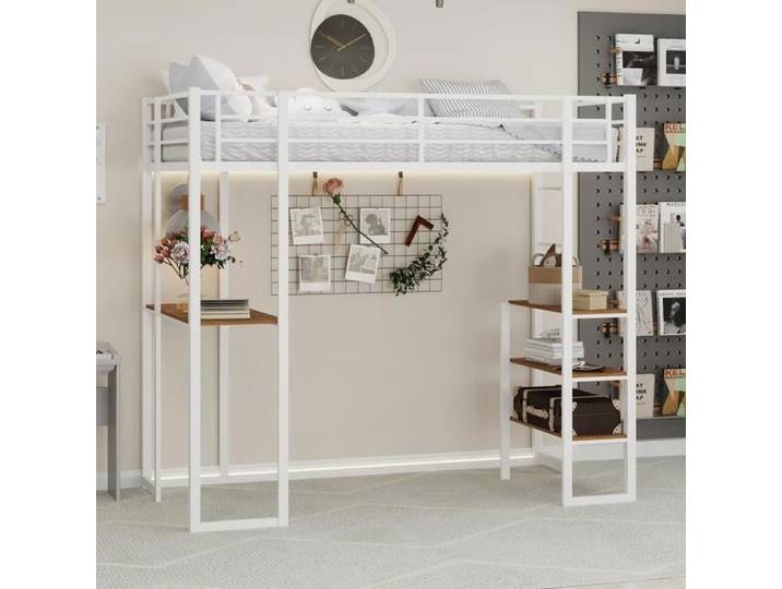 Lit - KOMHTOM - Lit en fer avec bureau en L 90x190 cm - Bureau en L - Échelle réversible - Garde-corps