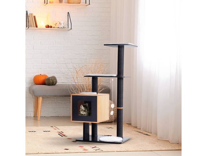 PawHut Arbre Chats Noir Hêtre Sisal Naturel 71,5x49,5x120cm