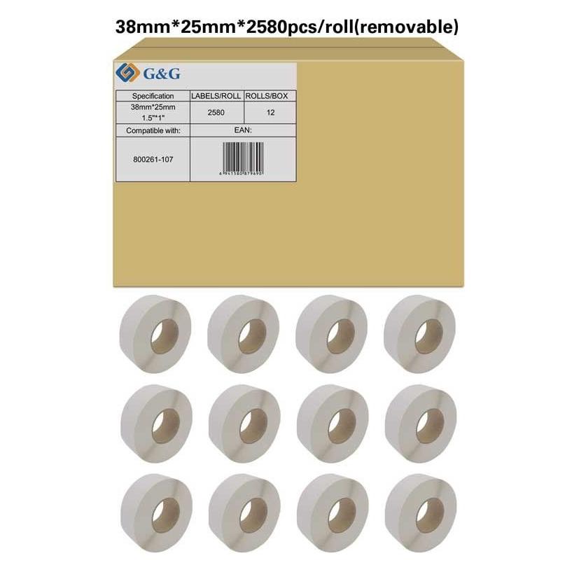 G&G 12x Etikettenrollen kompatibel mit Zebra 800261-107 (38 mm) (19803)