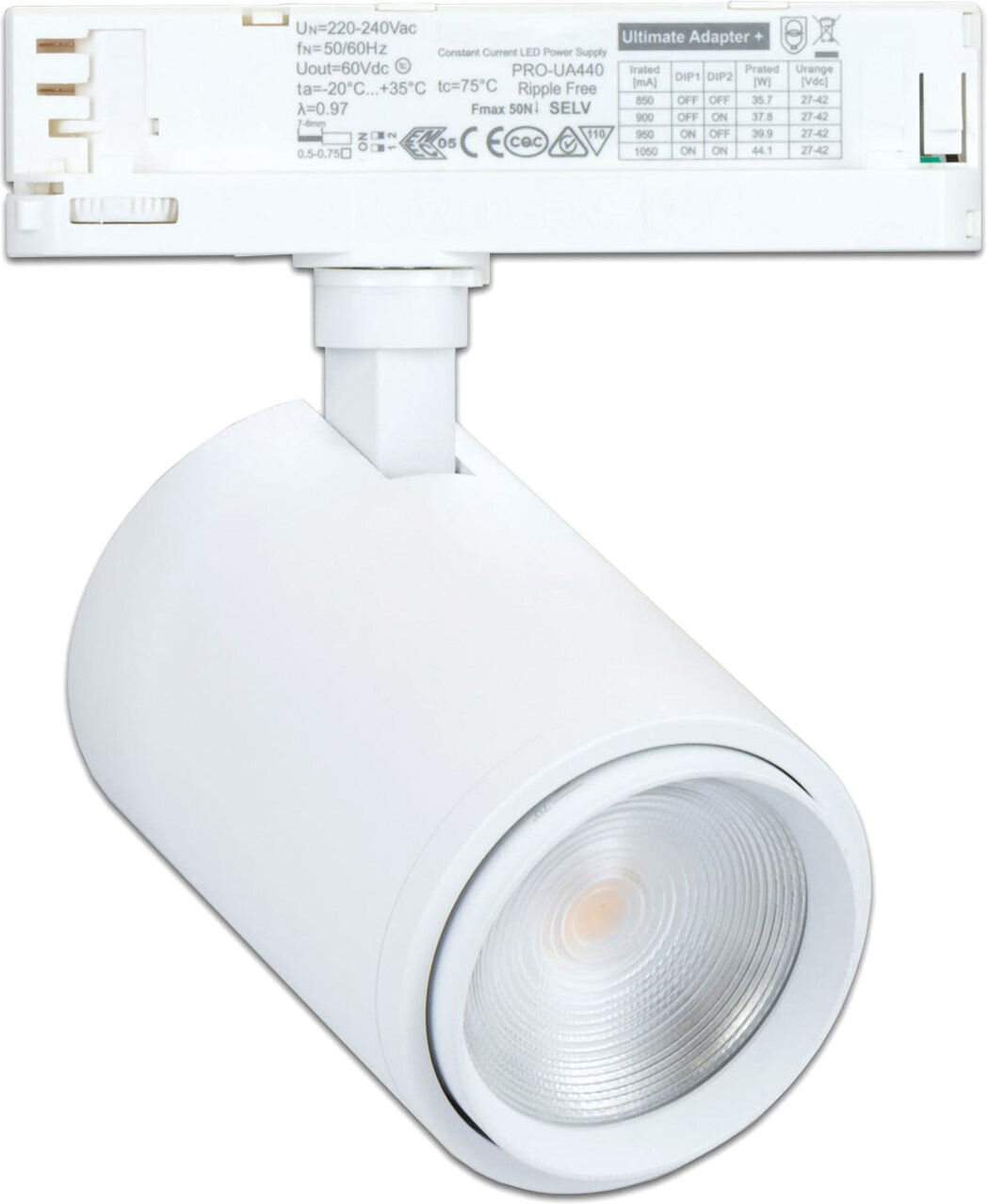 Isoled 3-Ph Schienen-Strahler Fokussierbar, 34w, 20°-70°, Weiß Matt, Meat 1900k