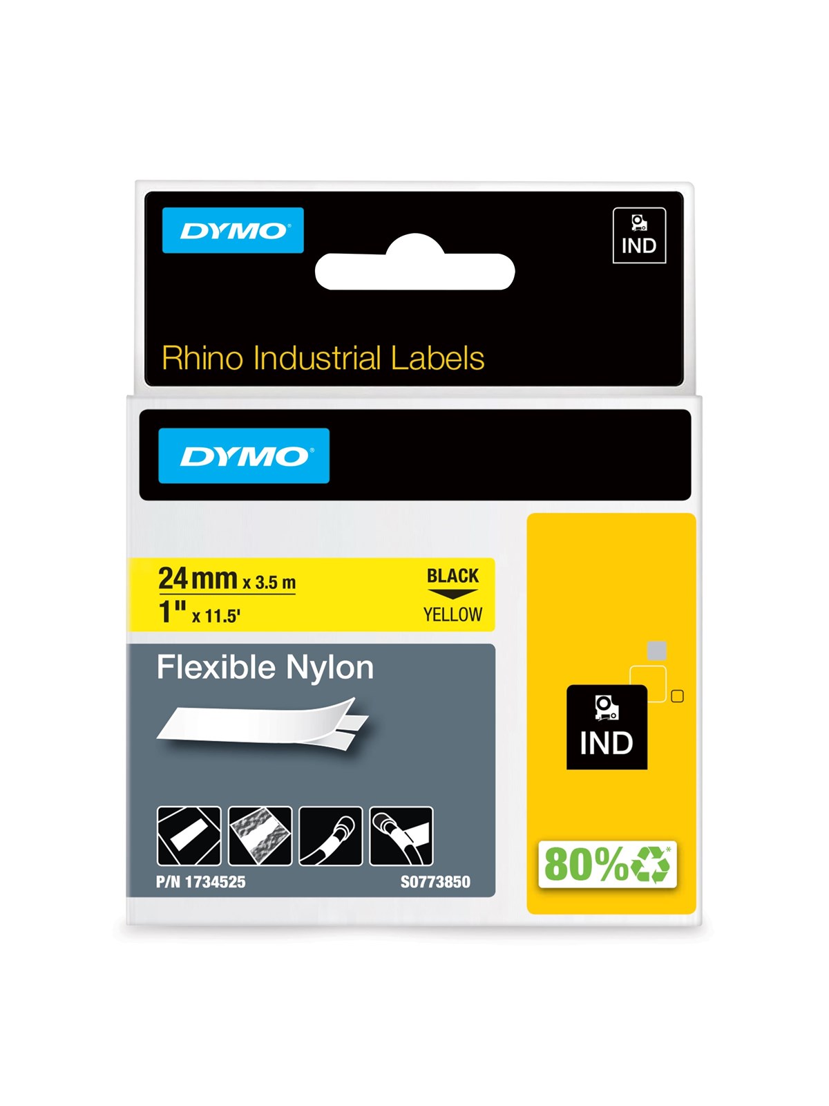 DYMO Rhino Industrie Nylonetiketten | flexibel | 24 mm x 3,5 m | schwarz auf gelbe