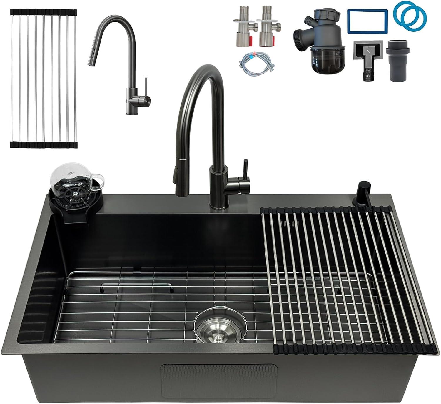 Edelstahl Küchenspüle 80 x 50 cm mit 1 Becken in Grau Schwarz und Nano Edelstahl-Grill, inklusive 3-Loch-Abtropffläche, Wasserhahn und Seifenspender