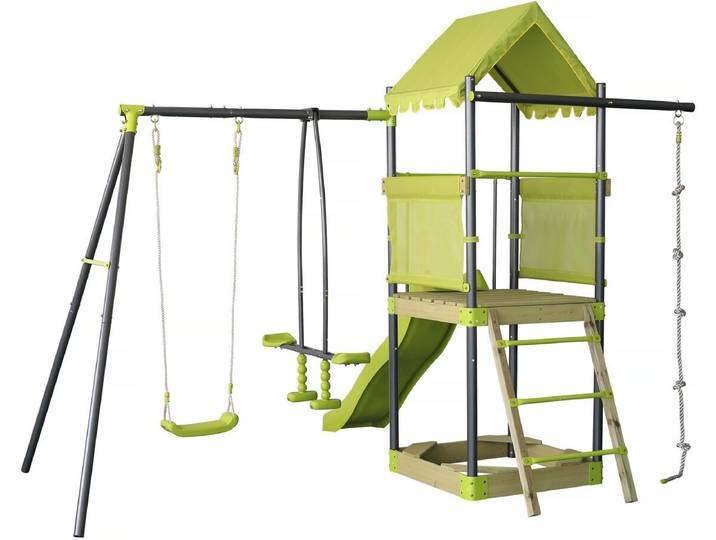 Aire de jeu portique en métal avec toboggan et bac a sable Sohane - Vert