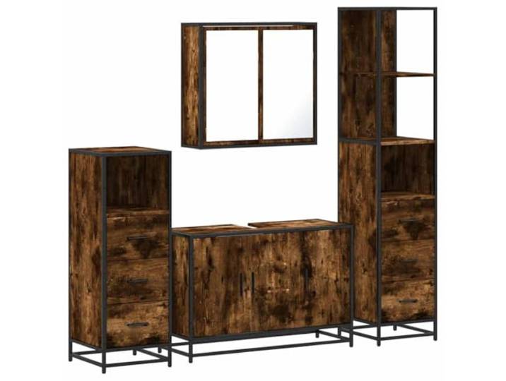 POUFGDR Badezimmermöbel-Set, 4-teilig, rauchfarbene Eiche, Holz Wand-WC-Schrank, industrieller Metallrahmen, Spülenoberseite mit Loch, Wandbefestigung, aufeinander abgestimmte